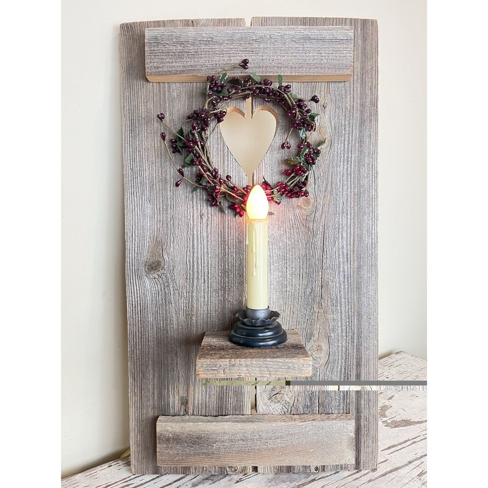 Vintage Reclaimed Wood Farmhouse Country Shelf Heart Candle Holder Lamp 20”